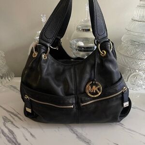 Michael Kors Black Leather Shoulder Bag with Gold Hardware